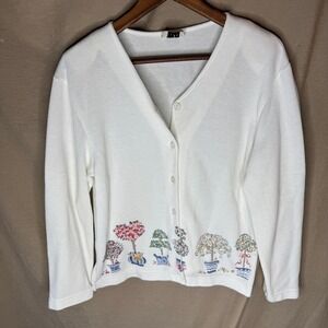 Teddi Petite Cream White V-Neck Cardigan Topiary Floral Tree Knit CottageCore